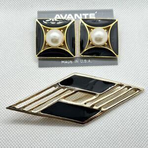 VTG Avante 1980s Gold Trimmed Black Diamond/SQ w/Pearl Pierced Earring/Coord Pin